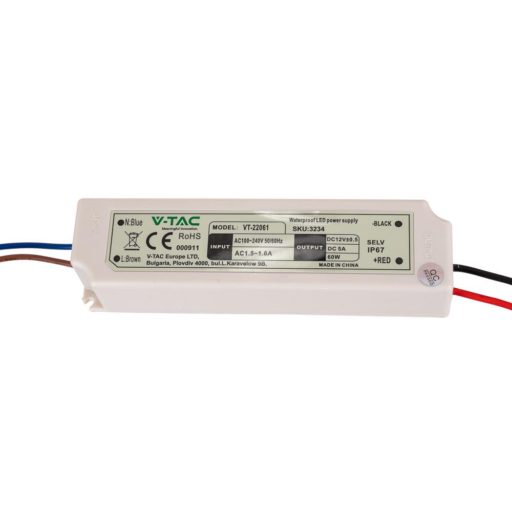 Zasilacz LED V-TAC 60W 12V 5A IP67 Hermetyczny Filtr EMI VT-22061