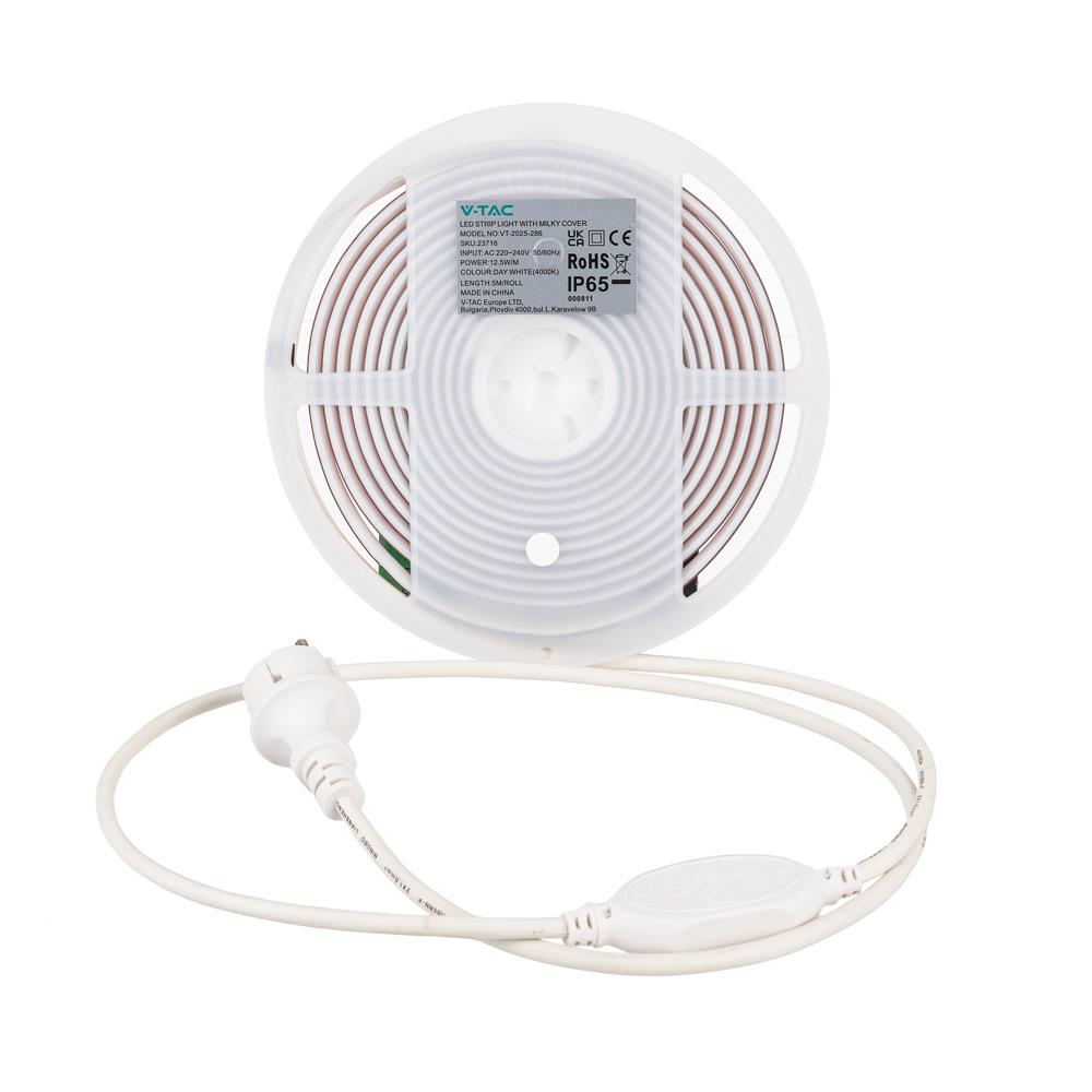 Taśma LED 230V V-TAC Bezpunktowa COB 286LED/m 12,5W/m Rolka 5mb VT-2025 286-5M 4000K 1100lm