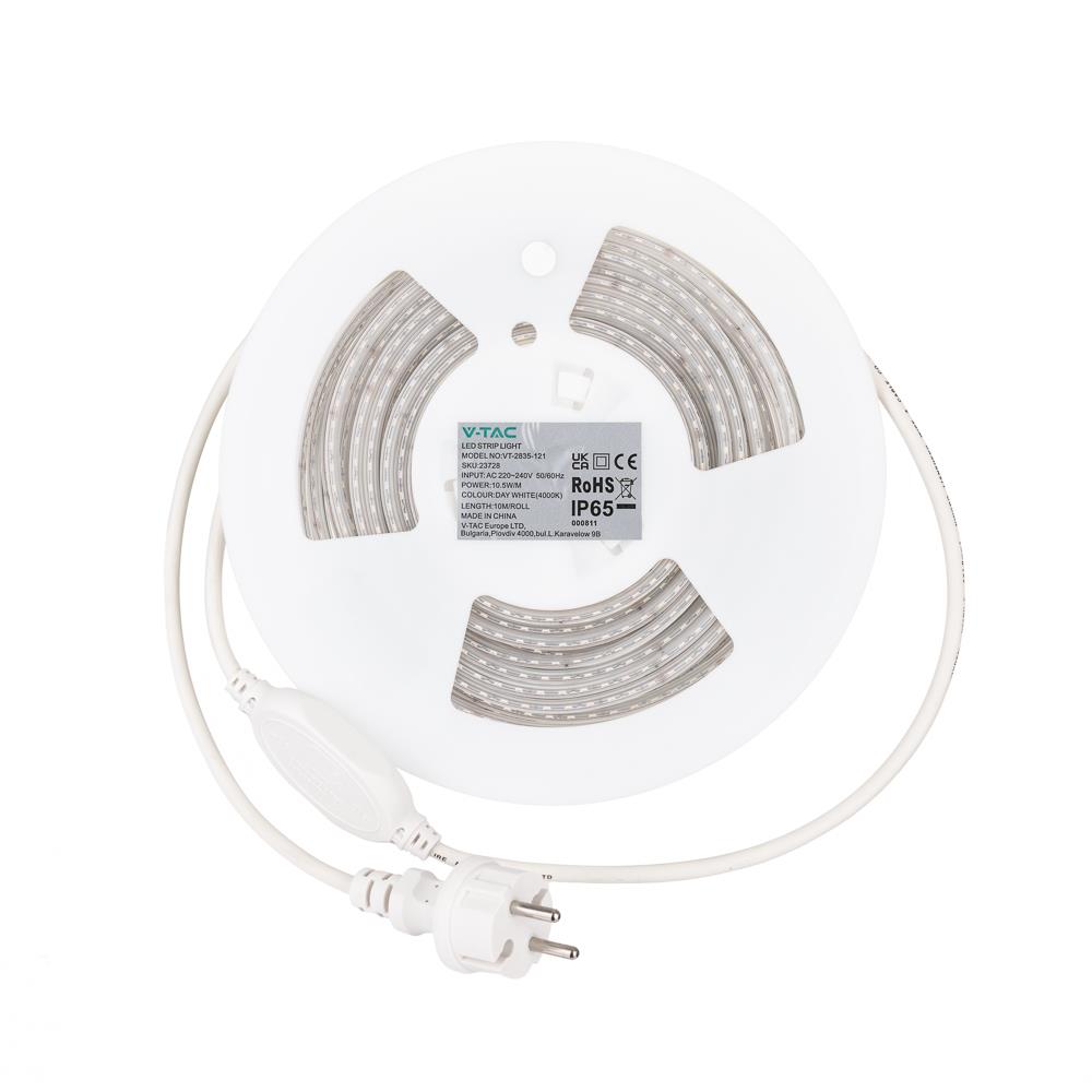 Taśma LED 230V V-TAC RĘKAW IP65 120LED/m 10,5W/m Rolka 10mb VT-2835 121-10M 6500K 1000lm