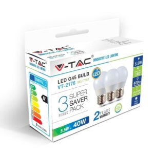 Żarówka LED V-TAC 5.5W E27 G45 P45 kulka (opak. 3szt) VT-2176 6400K 470lm