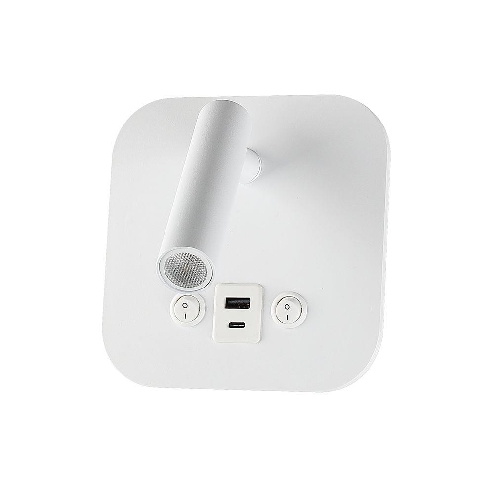 Oprawa LED V-TAC 8W COB CREE kinkiet biały hotel łóżko USB+USB C włącznik VT-80068-W 3000K 830lm 2 Lata gwarancji